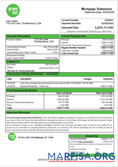 USA Grün Dot Hypothek Kontoauszug in Word and PDF Formate Design