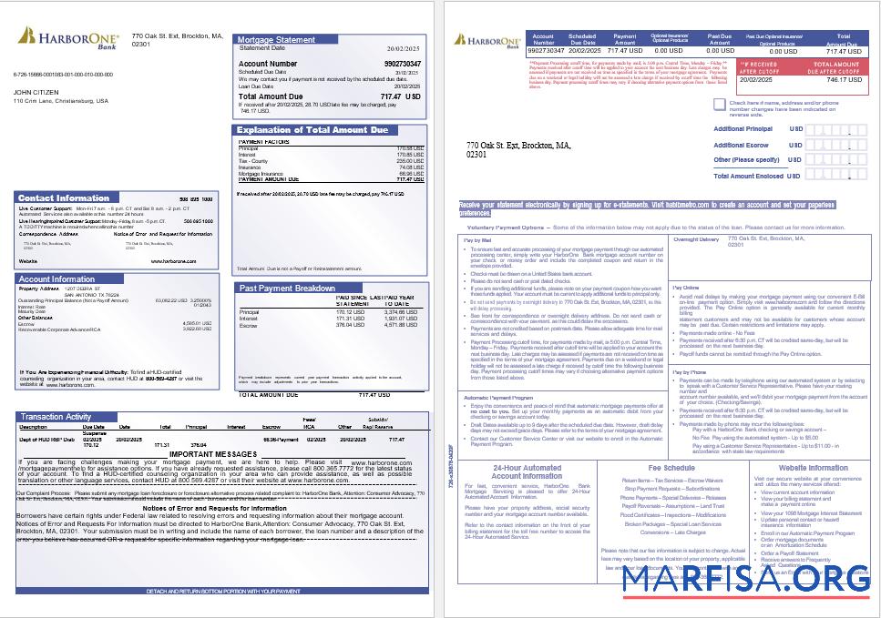 USA HarborOne Bank Hypothek Kontoauszug in Word and PDF Formate, 3 pages 1 2 Probe