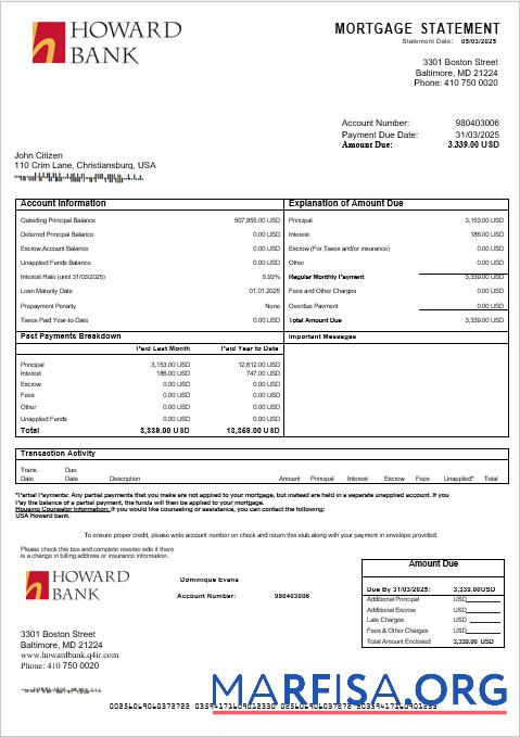USA Howard Bank Hypothek Kontoauszug in Word and PDF Formate Vorschau