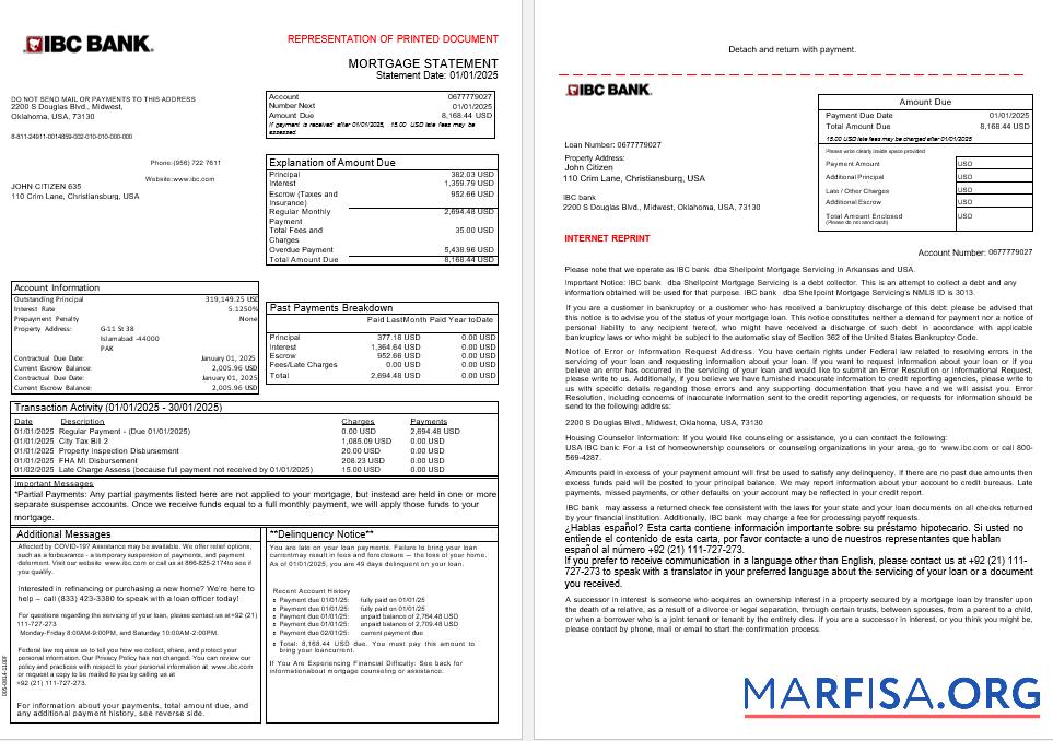 USA IBC Bank Hypothek Kontoauszug in Word and PDF Formate, 3 pages 1 2 Mockup