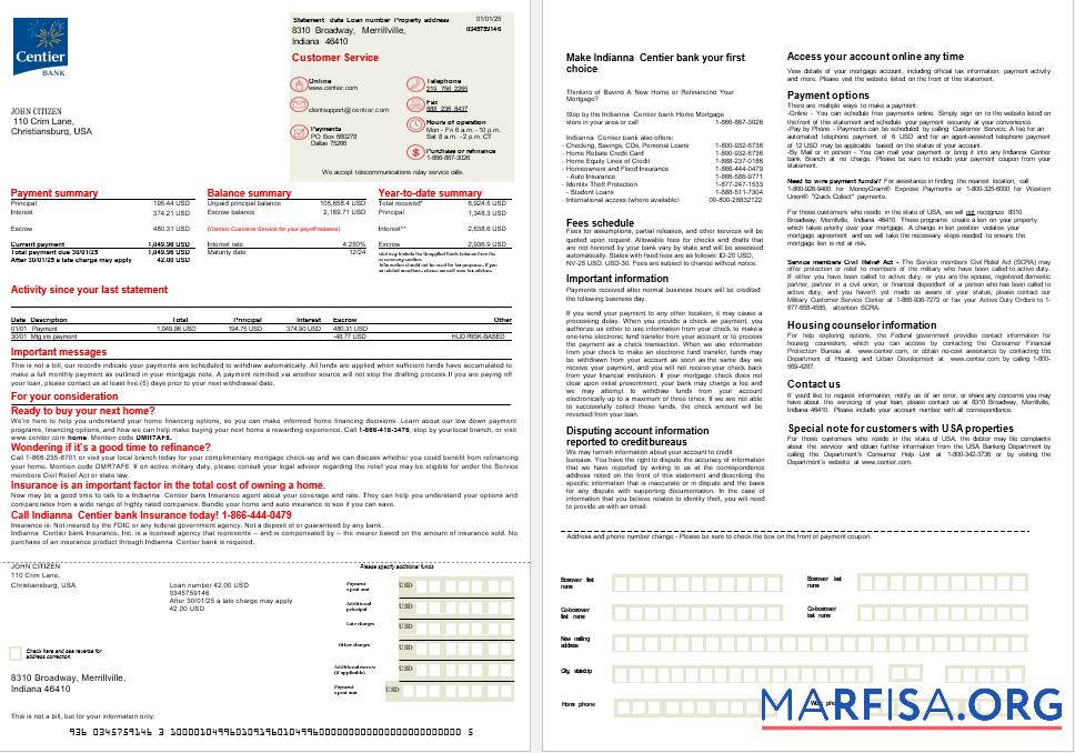 USA Indianna Centier Bank Hypothek Kontoauszug in Word and PDF Formate, 2 pages Design