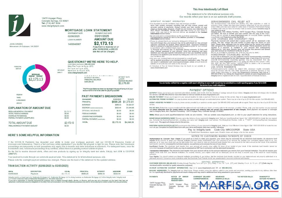 USA Integrity Bank Hypothek Darlehen Kontoauszug in Word and PDF Formate , 4 pages 1 2 Probe