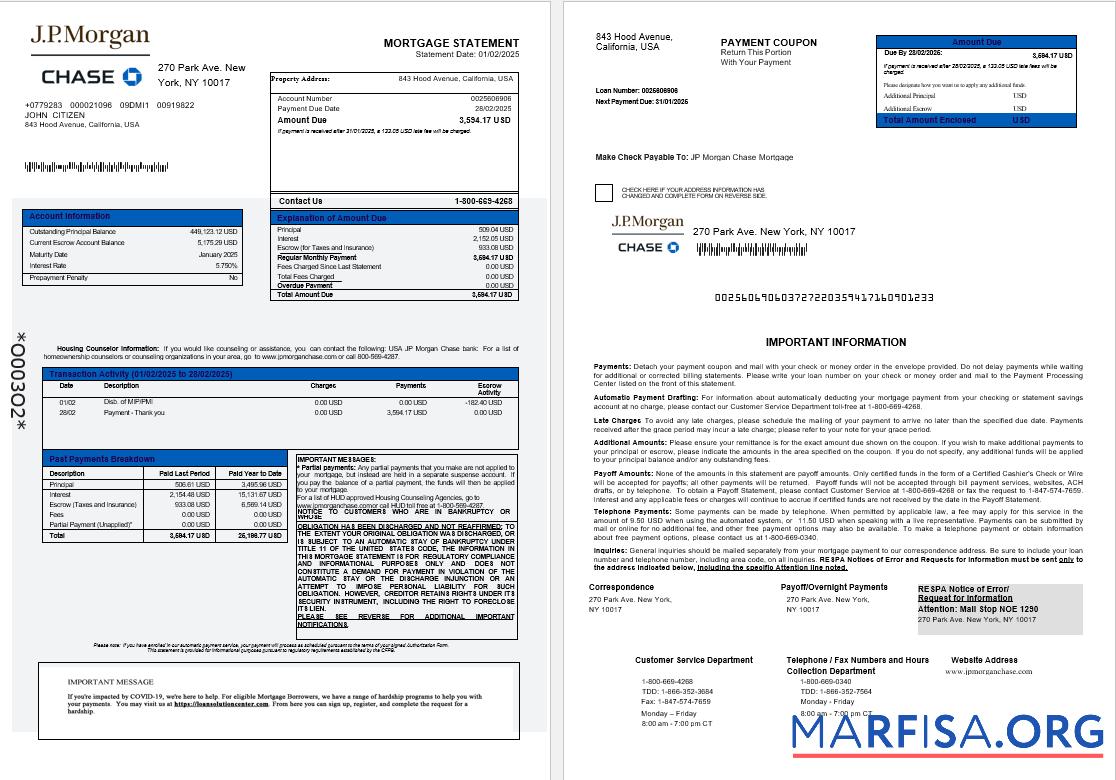USA JP Morgan Chase Bank Hypothek Kontoauszug in Word and PDF Formate 1 2 Probe