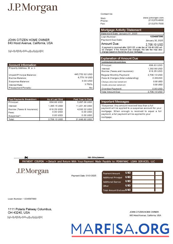USA JP Morgan Bank Hypothek Kontoauszug in Word and PDF Formate Probe