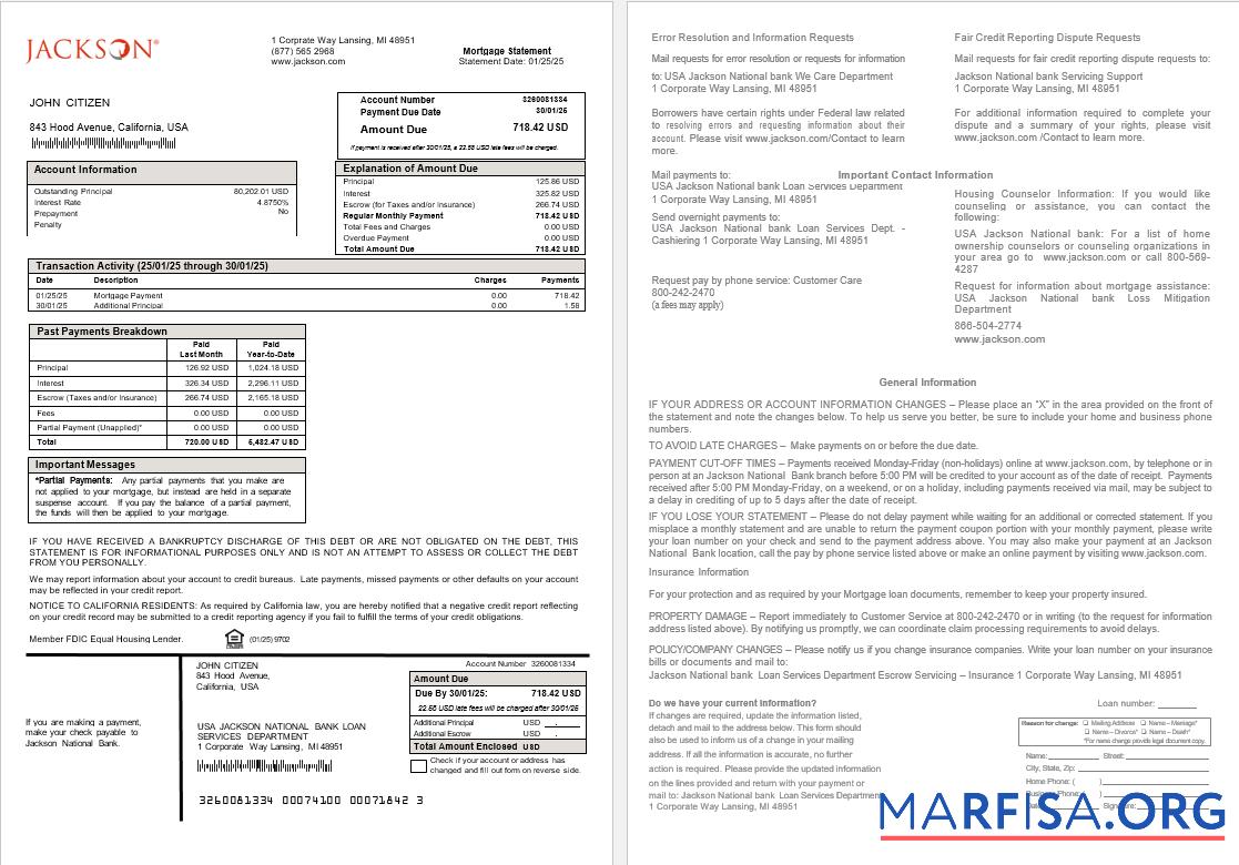 USA Jackson National Bank Hypothek Kontoauszug in Word and PDF Formate Vorschau