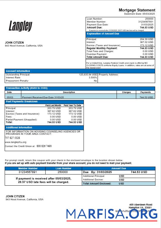 USA Langley Federal Kredit Union Bank Hypothek Kontoauszug in Word and PDF Formate Vorlage