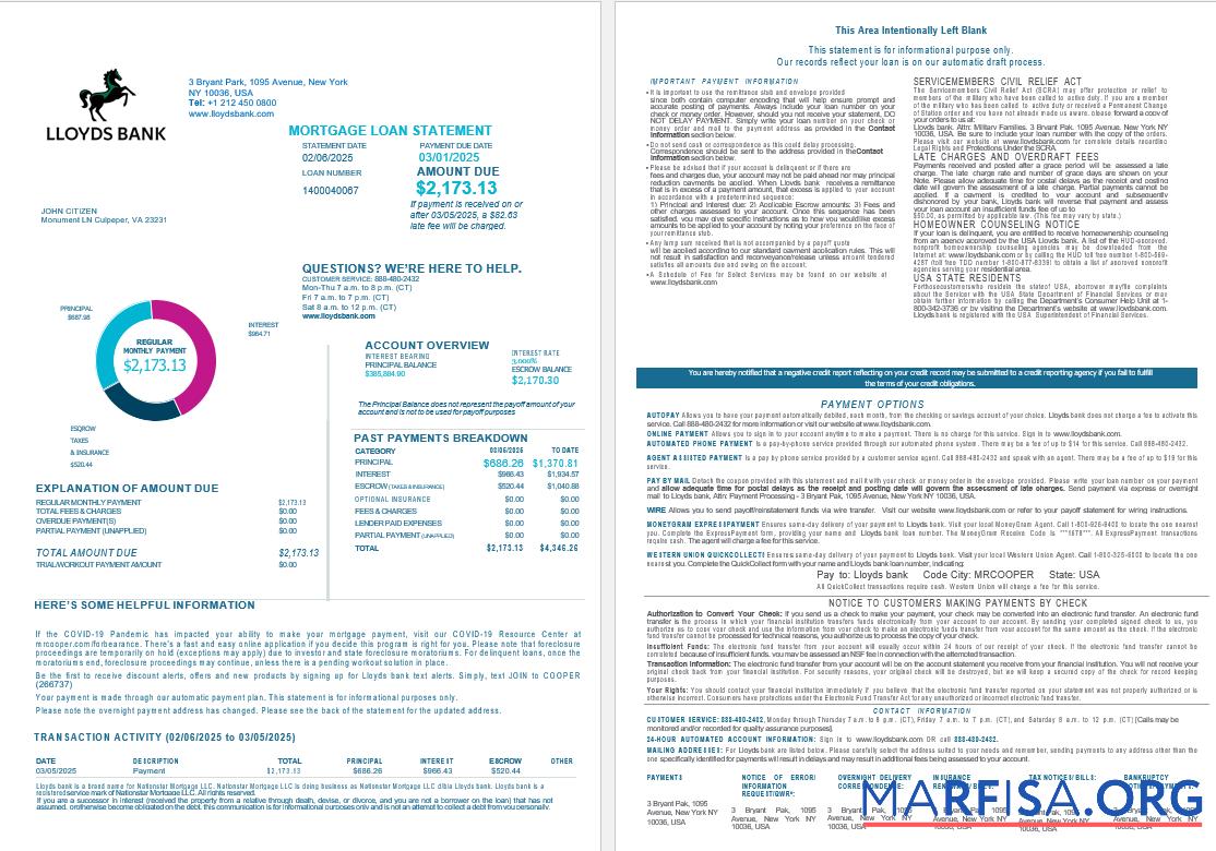 USA Lloyds Bank Hypothek Darlehen Kontoauszug in Word and PDF Formate , 4 pages 1 2 Vorlage