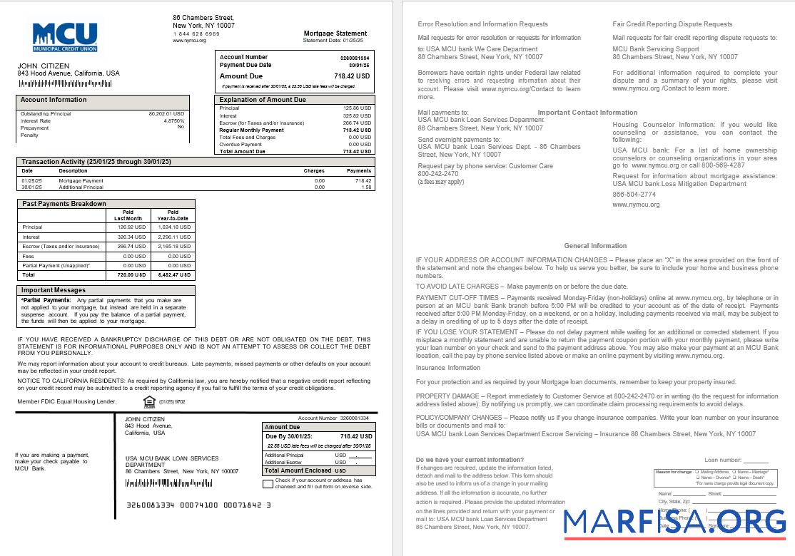 USA MCU Bank Hypothek Kontoauszug in Word and PDF Formate Vorschau