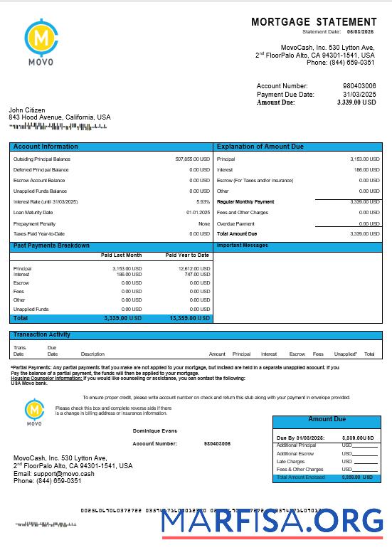 USA MOVO Bank Hypothek Kontoauszug in Word and PDF Formate Vorschau