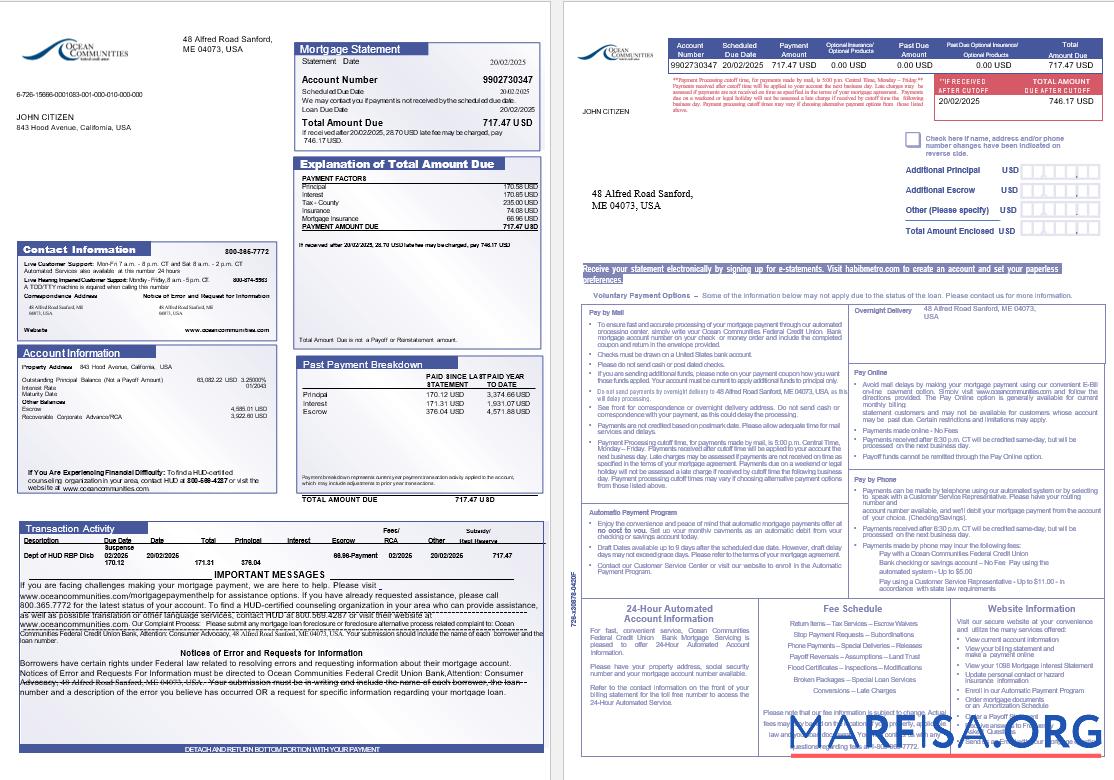 USA Maine Ocean Communities Federal Kredit Union Bank Hypothek Kontoauszug in Word and PDF Formate, 3 pages Vorschau