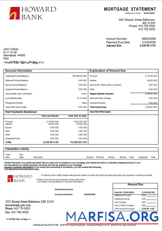 USA Maryland Howard Geschäft Bank Hypothek Kontoauszug in Word and PDF Formate Mockup
