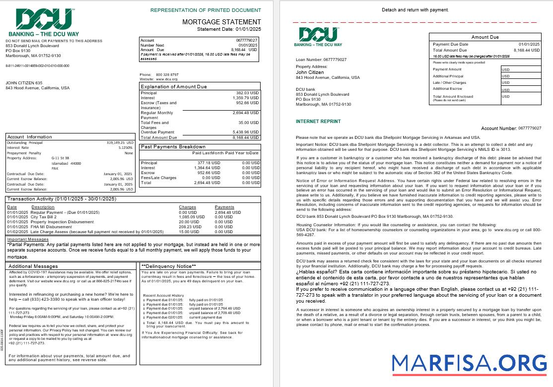 USA Massachusetts Digital Federal Kredit Union (DCU) Bank Hypothek Kontoauszug in Word and PDF Formate, 3 pages 1 2 Vorlage