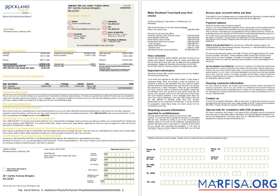 USA Massachusetts Rockland Trust Bank Hypothek Kontoauszug in Word and PDF Formate, 2 pages Vorschau