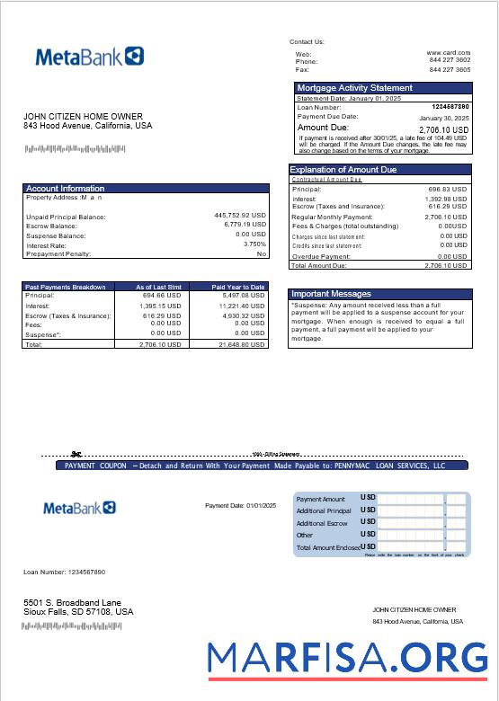 USA Meta Bank Karte Hypothek Kontoauszug in Word and PDF Formate Probe