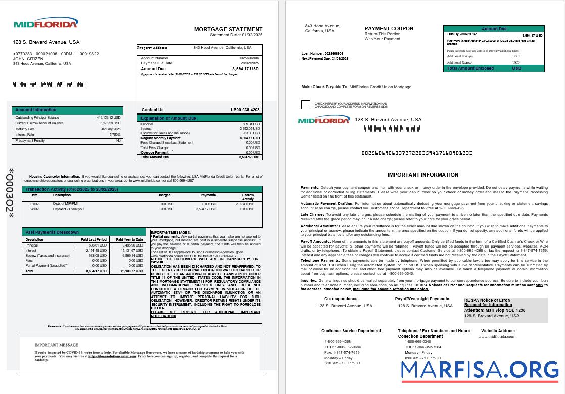 USA MidFlorida Kredit Union Bank Hypothek Kontoauszug in Word and PDF Formate 1 2 Probe