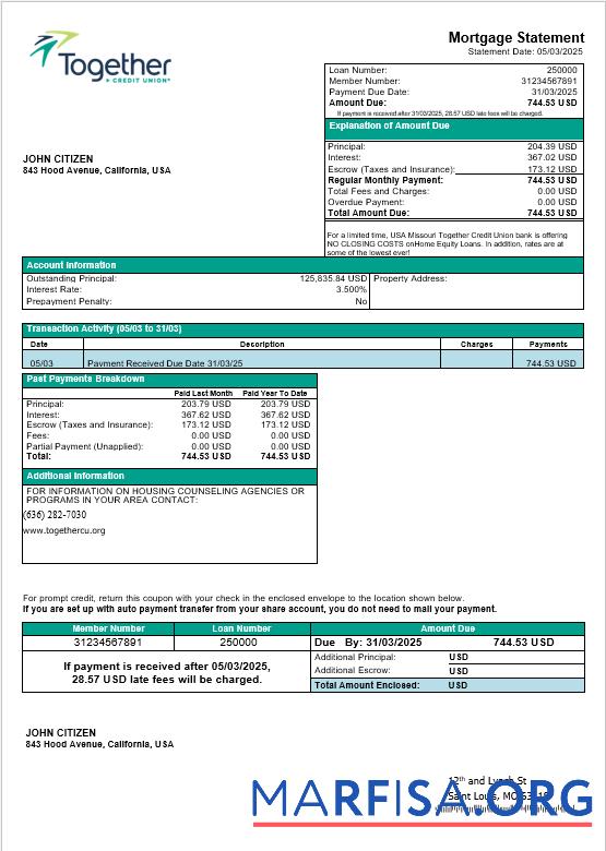 USA Missouri Together Kredit Union Bank Hypothek Kontoauszug in Word and PDF Formate Vorlage