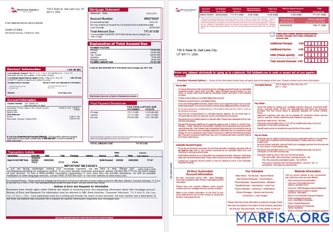USA Mountain Amerika Kredit Union Bank Hypothek Kontoauszug in Word and PDF Formate, 3 pages 1 2 Probe