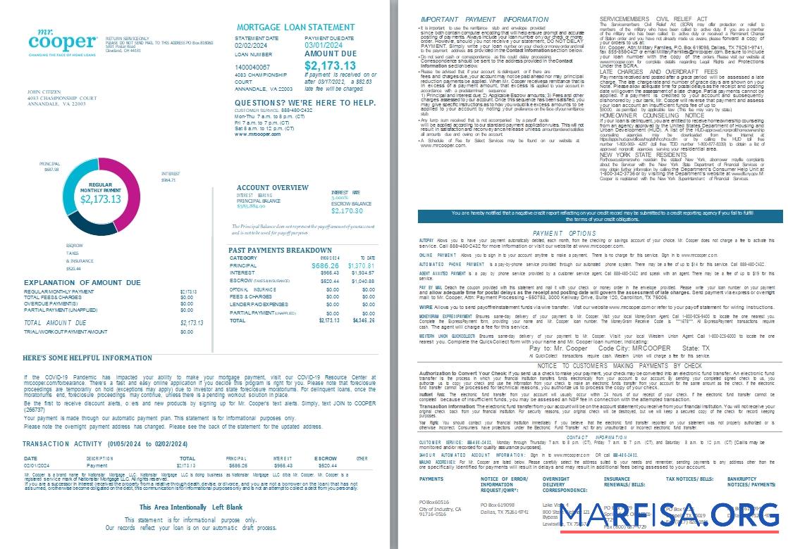 USA Mr. Cooper Changing the Face of Home Loans Hypothek Darlehen Kontoauszug, 4 pages 1 2 scr Vorlage