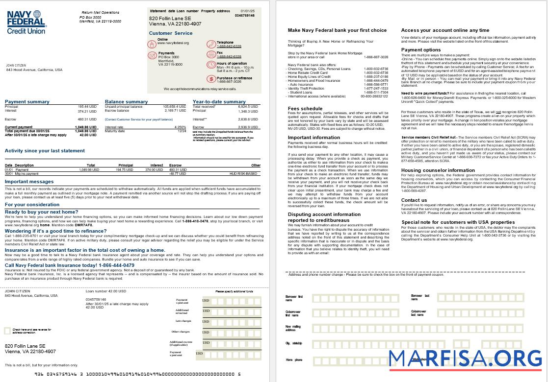USA Navy Federal Bank Hypothek Kontoauszug in Word and PDF Formate, 2 pages Vorlage