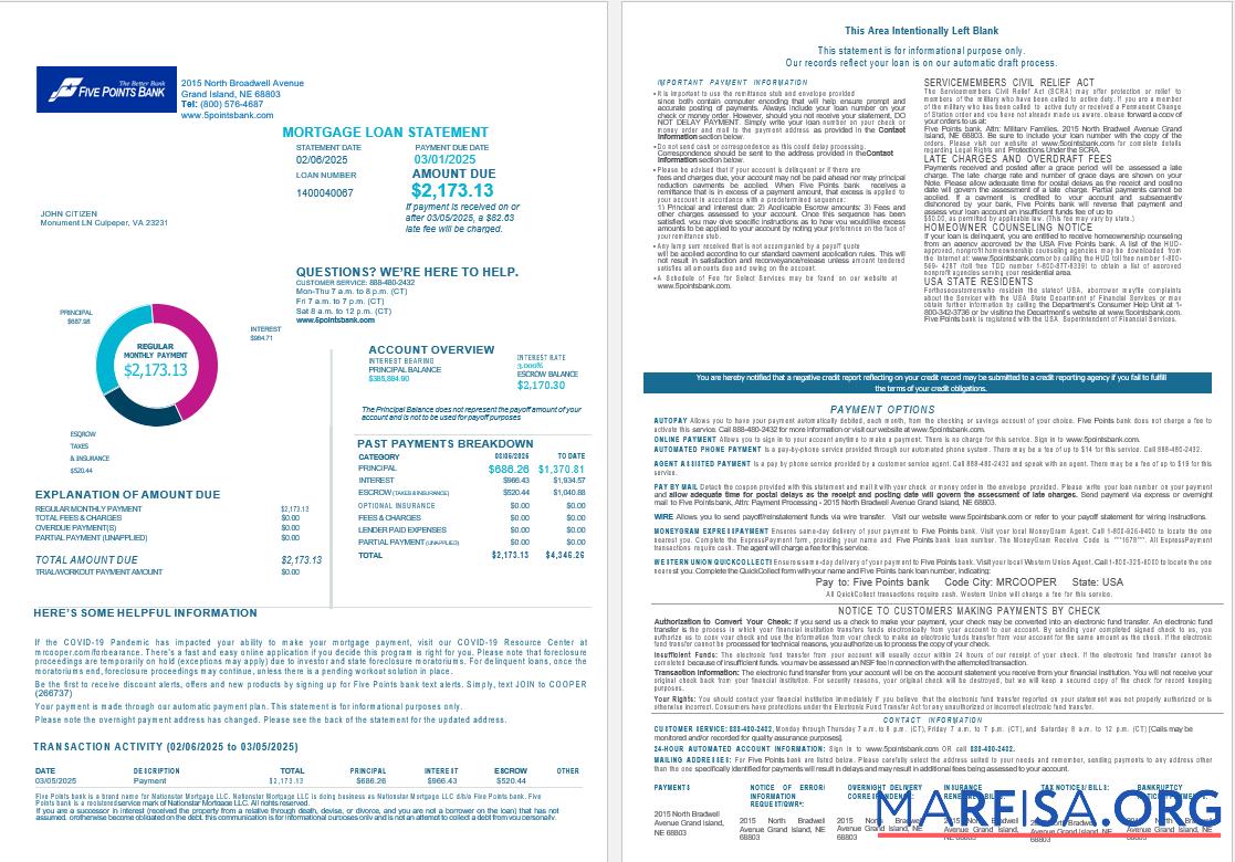 USA Nebraska Five Points Bank Hypothek Darlehen Kontoauszug in Word and PDF Formate , 4 pages 1 2 Vorschau