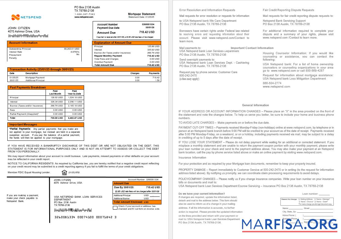 USA Netspend Bank Hypothek Kontoauszug in Word and PDF Formate Probe