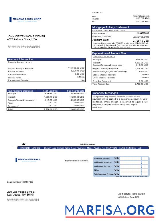 USA Nevada State Bank Hypothek Kontoauszug in Word and PDF Formate Design