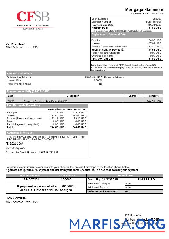 USA Neu York CFSB Bank Hypothek Kontoauszug in Word and PDF Formate Mockup