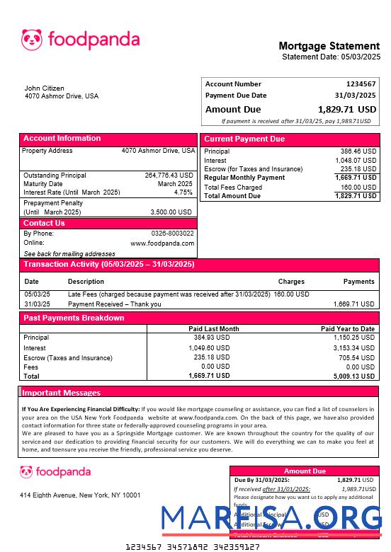 USA Neu York Foodpanda Hypothek Kontoauszug in Word and PDF Formate Probe