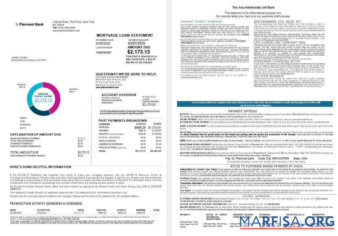 USA Neu York Piermont Bank Hypothek Darlehen Kontoauszug in Word and PDF Formate , 4 pages 1 2 Probe