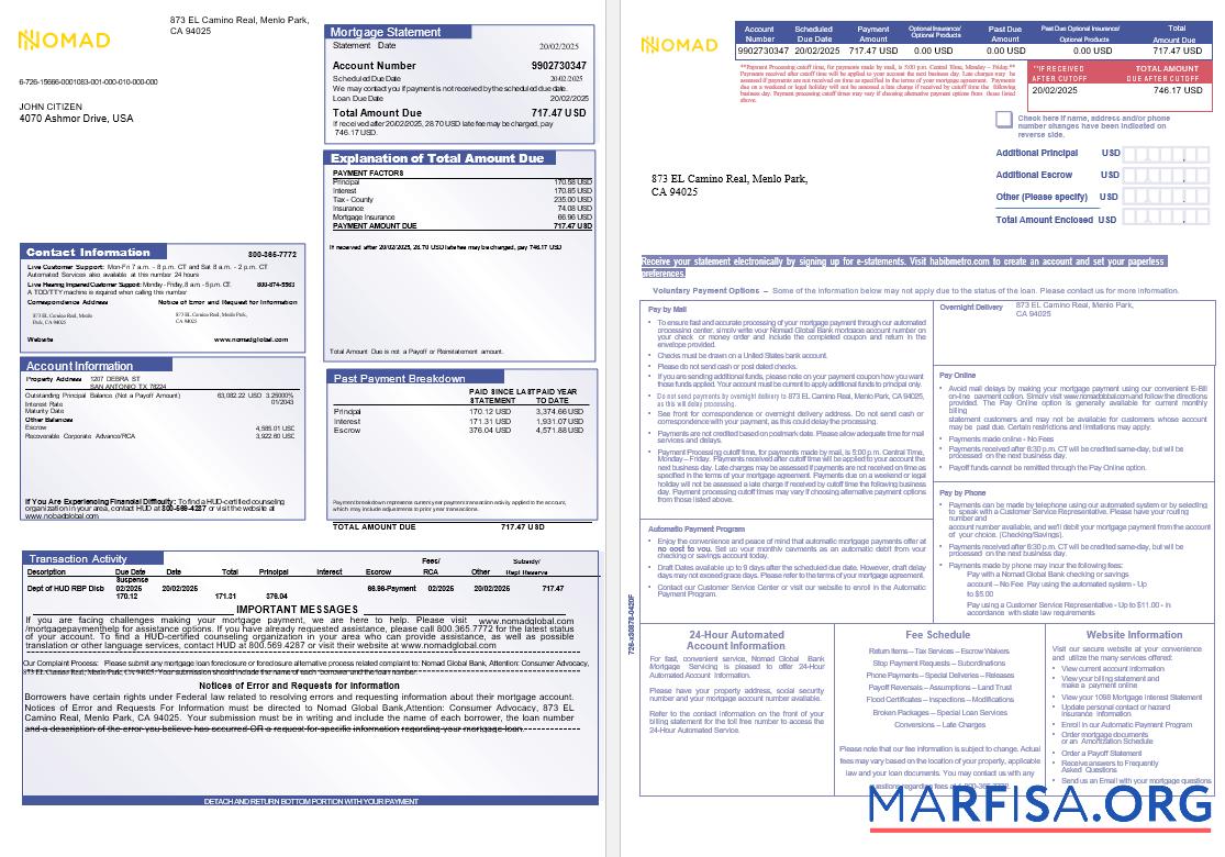 USA Nomad Global Bank Hypothek Kontoauszug in Word and PDF Formate, 3 pages Probe