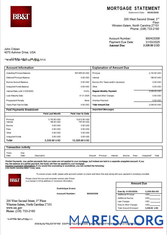 USA North Carolina BB&T Corp. Bank Hypothek Kontoauszug in Word and PDF Formate Vorschau