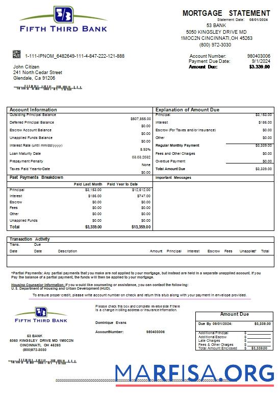 USA Ohio Fifth Third Bank Hypothek Kontoauszug scr Probe