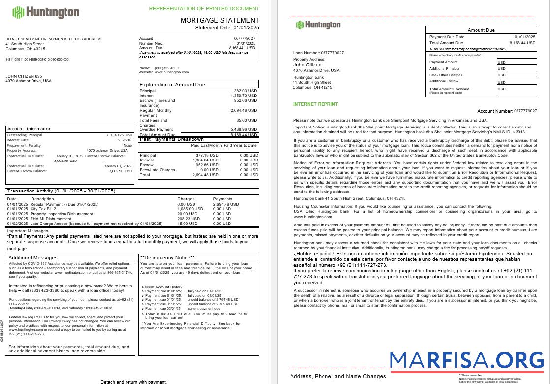 USA Ohio Huntington Bank Hypothek Kontoauszug in Word and PDF Formate, 3 pages 1 2 Design