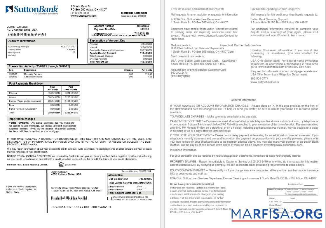 USA Ohio Sutton Bank Hypothek Kontoauszug in Word and PDF Formate Vorlage