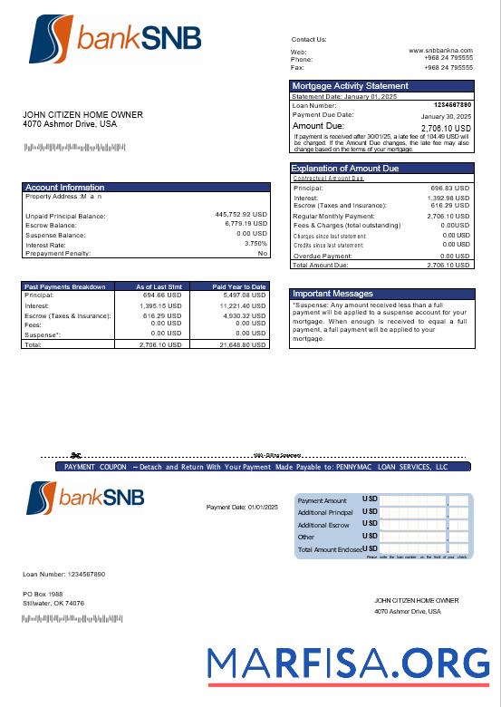 USA Oklahoma SNB Bank Hypothek Kontoauszug in Word and PDF Formate Vorlage