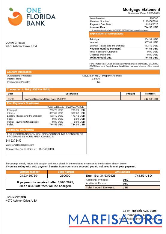 USA One Florida Bank Hypothek Kontoauszug in Word and PDF Formate Vorlage