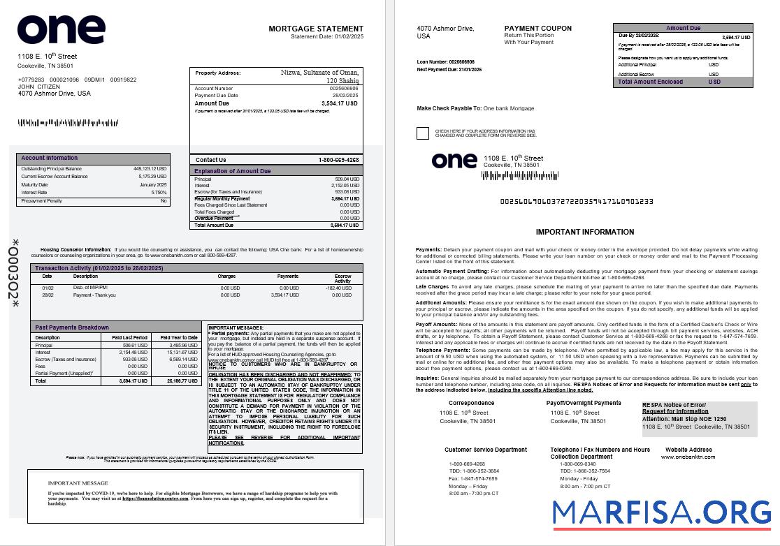 USA One Bank Hypothek Kontoauszug in Word and PDF Formate 1 2 Vorschau