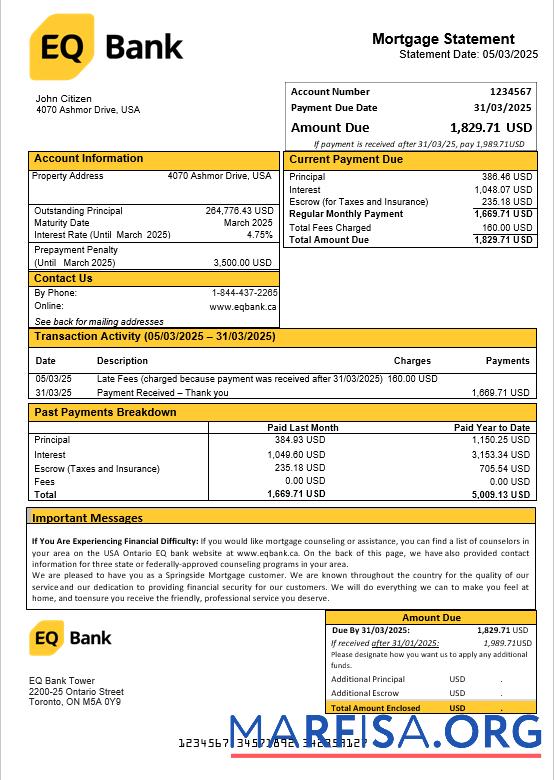 USA Ontario EQ Bank Hypothek Kontoauszug in Word and PDF Formate Vorschau