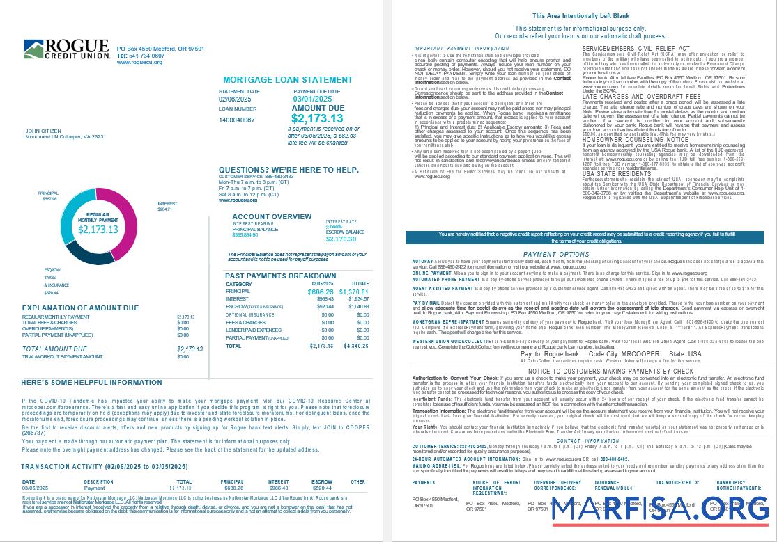 USA Oregon Rogue Bank Hypothek Darlehen Kontoauszug in Word and PDF Formate , 4 pages 1 2 Vorlage