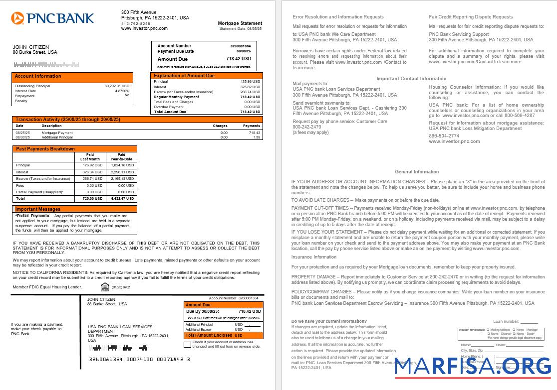 USA PNC Bank Hypothek Kontoauszug in Word and PDF Formate Vorlage