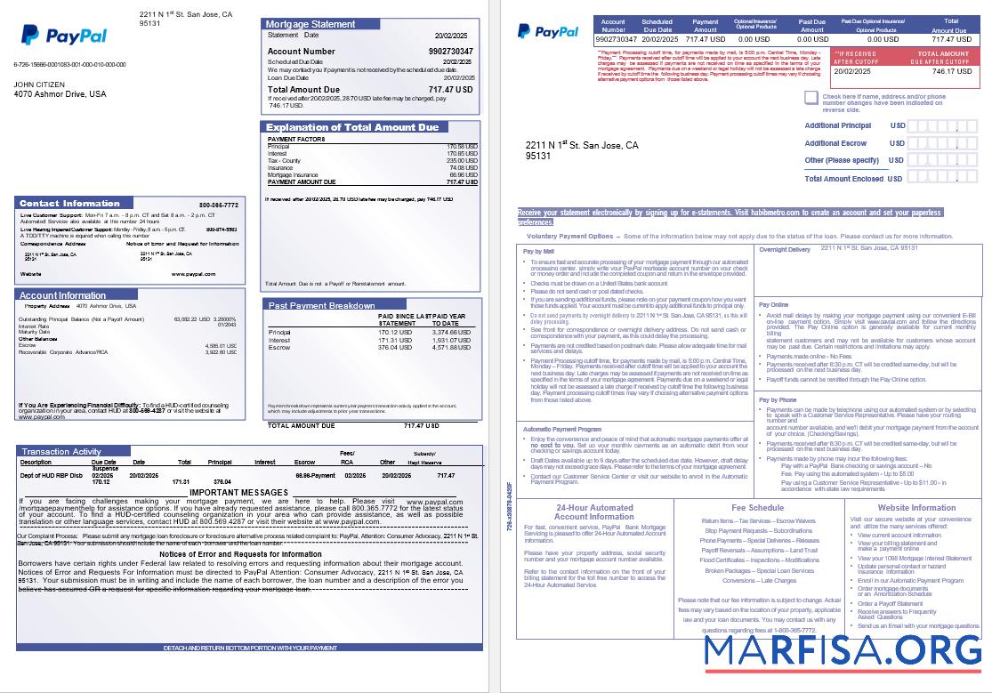 USA PayPal Hypothek Kontoauszug in Word and PDF Formate, 3 pages Probe