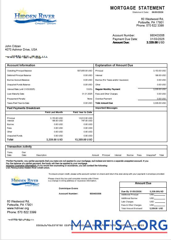 USA Pennsylvania Hidden River Kredit Union Hypothek Kontoauszug in Word and PDF Formate Probe