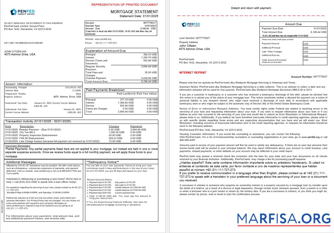 USA Pentagon Federal Kredit Union Hypothek Kontoauszug in Word and PDF Formate, 3 pages Design
