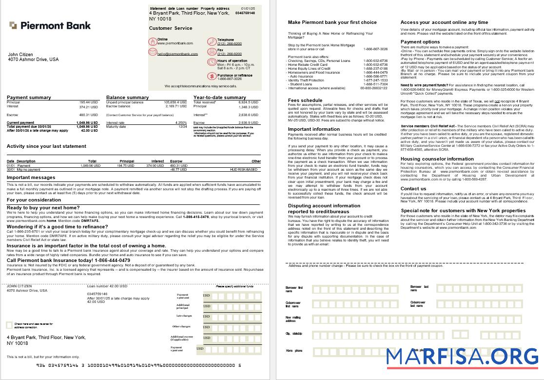 USA Piermont Bank Hypothek Kontoauszug in Word and PDF Formate, 2 pages Design