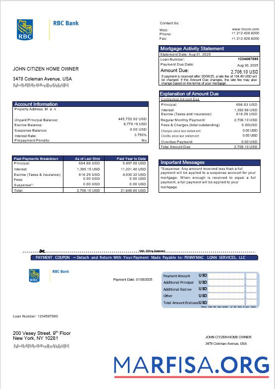 USA RBC Bank Hypothek Kontoauszug in Word and PDF Formate Design