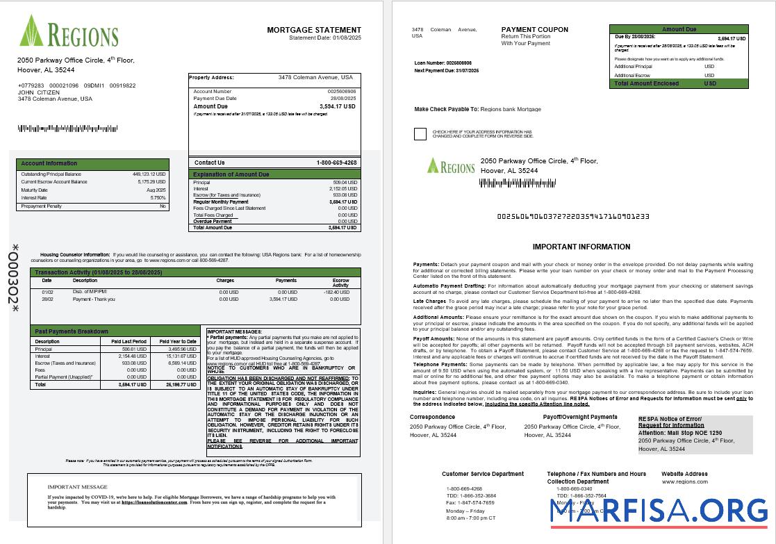 USA Regions Bank Hypothek Kontoauszug in Word and PDF Formate 1 2 Mockup