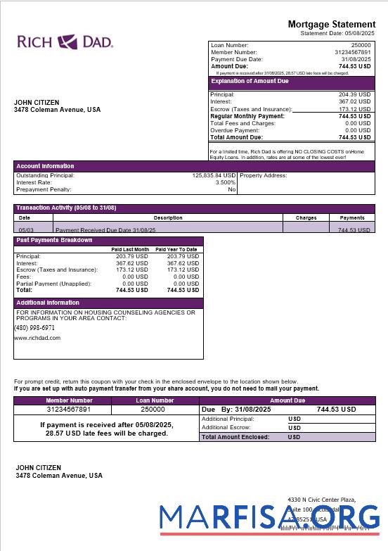 USA Rich Dad Bank Hypothek Kontoauszug in Word and PDF Formate Vorlage