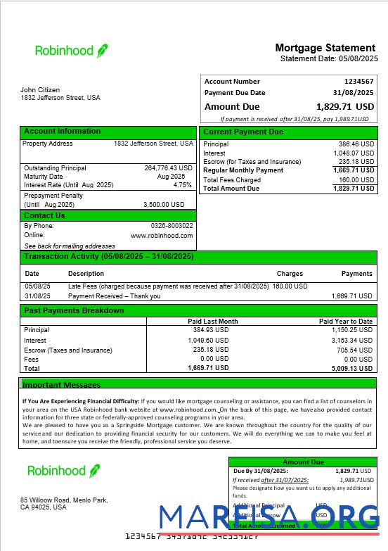 USA Robinhood Bank Hypothek Kontoauszug in Word and PDF Formate Design