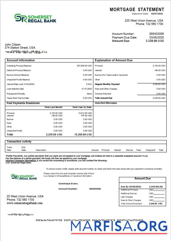 USA Somerset Regal Bank Hypothek Kontoauszug in Word and PDF Formate Mockup