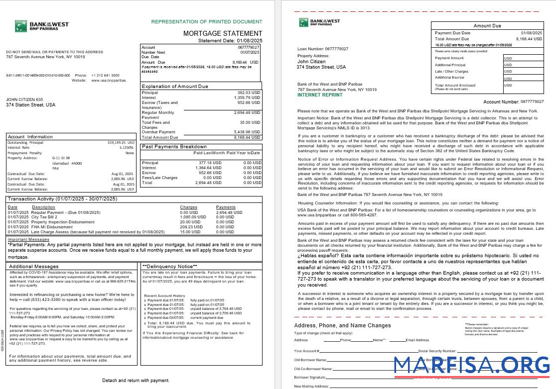 USA South Dakota Bank of the West BNP Paribas Bank Hypothek Kontoauszug in Word and PDF Formate, 3 pages 1 2 Mockup